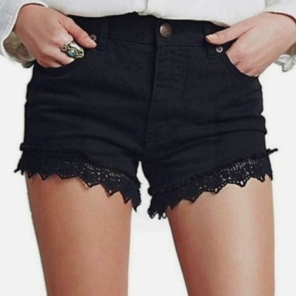 Free People High Rise Distressed Shorts Crochet Lace Trim in Stark Black Size 29 - Picture 3 of 11
